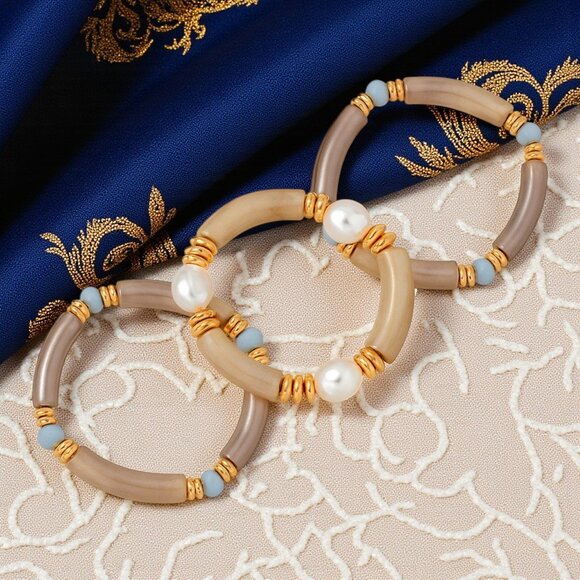 🆕Stacked Acrylic Bracelets w/ Pearls Chunky Retro Y2K Look Boho Luxe Vibe - Picture 8 of 10